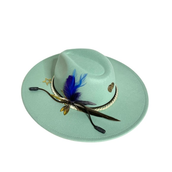 Unisex Customized wide brim teal Fedora hat. - Picture 7 of 14